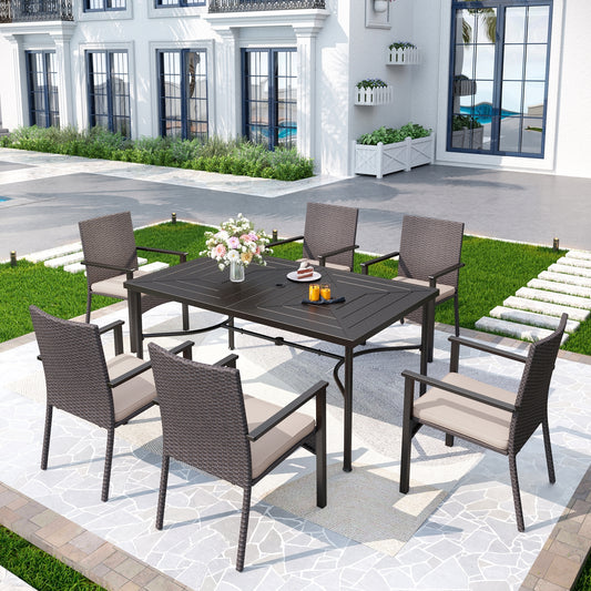 Captiva Designs 7pc Outdoor Patio Black Steel Dining Table with Umbrella Hole & Cushioned Armrest Rattan Chairs