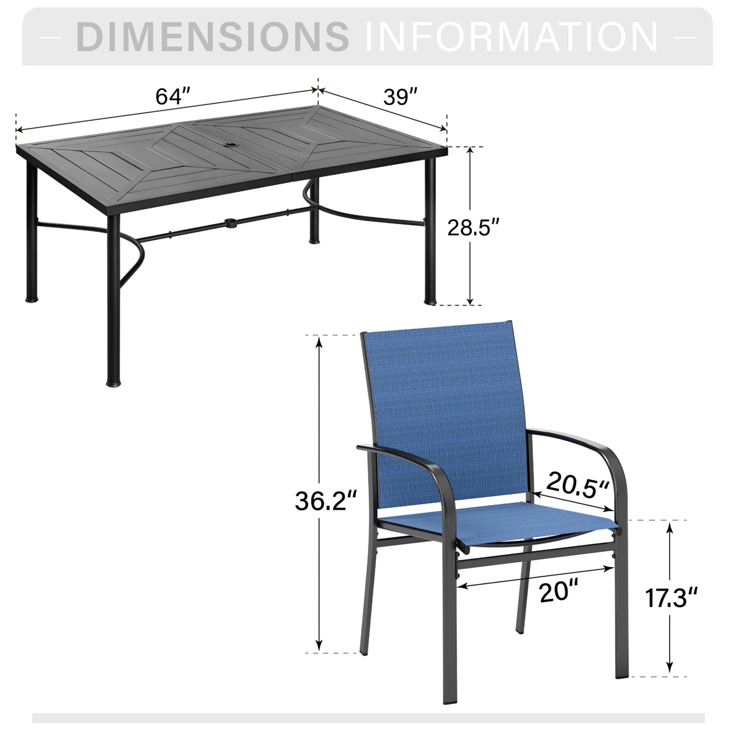 Captiva Designs 7pc Outdoor Patio Geometric Pattern Rectangular Steel Dining Table & Sling Fixed Chairs
