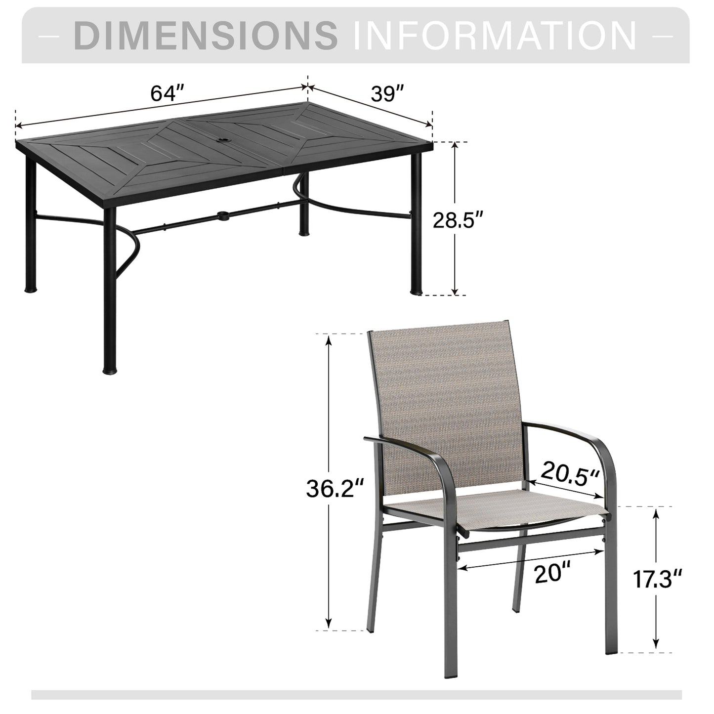 Captiva Designs 7pc Outdoor Patio Geometric Pattern Rectangular Steel Dining Table & Sling Fixed Chairs