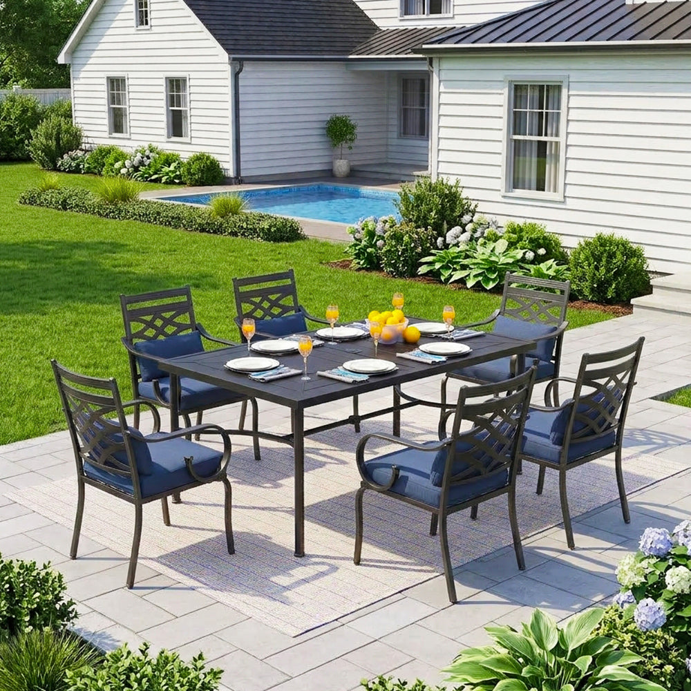 Captiva Designs 7pc Outdoor Patio Dining Rectangle Steel Table and Metal Chairs with Seat Cushion & Waist Pillow