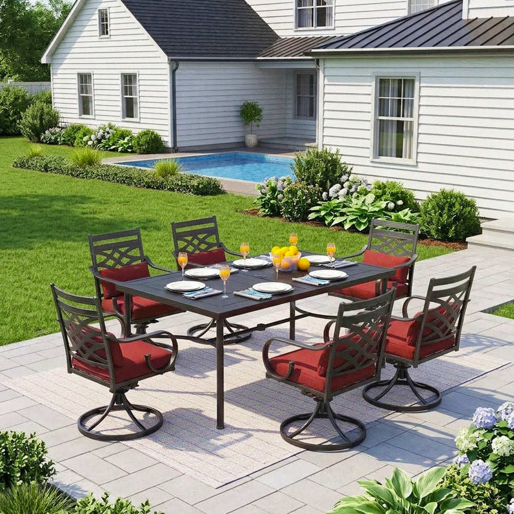 Captiva Designs 7pc Outdoor Patio Dining Rectangle Steel Table and Metal Chairs with Seat Cushion & Waist Pillow