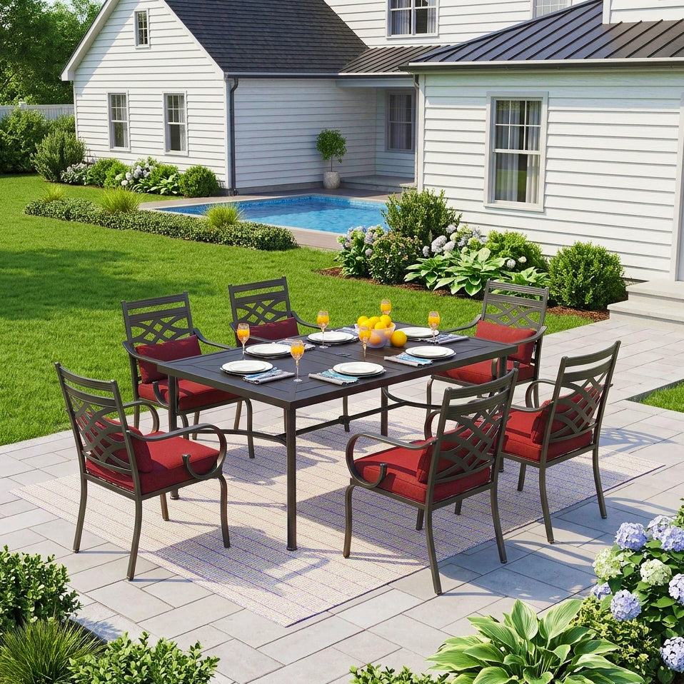 Captiva Designs 7pc Outdoor Patio Dining Rectangle Steel Table and Metal Chairs with Seat Cushion & Waist Pillow