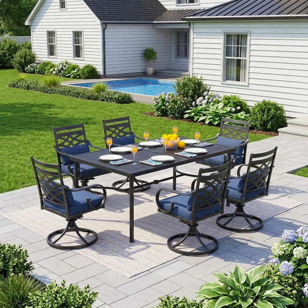 Captiva Designs 7pc Outdoor Patio Dining Rectangle Steel Table and Metal Chairs with Seat Cushion & Waist Pillow