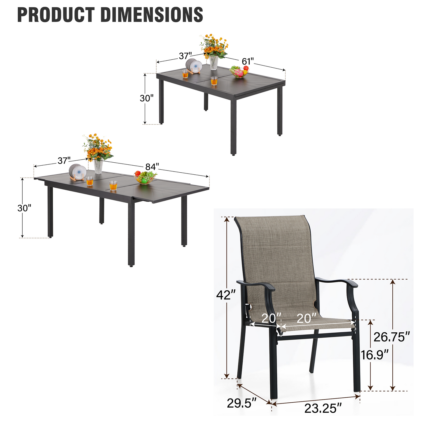Captiva Designs 7pc Patio Dining Rectangular Black Steel Table & High Back Padded Grayish Brown Sling Armrest Chairs