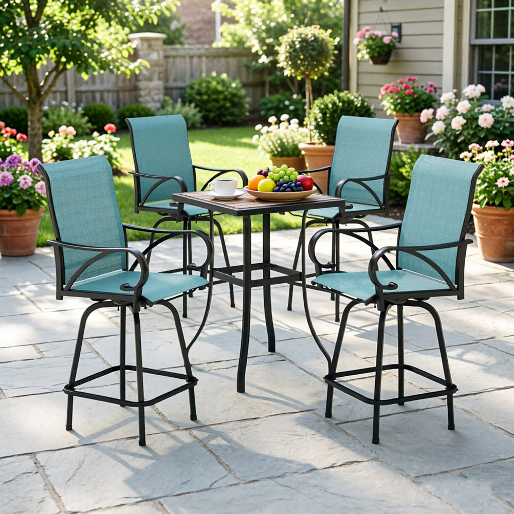 Captiva Designs 5Pc Outdoor Patio Dining Bar Set with Steel Steel Table & Sling Swivel Bar Stools