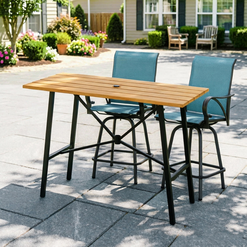 Captiva Designs 3pc Patio Slat-top Rectangle Wood-look Finished Metal Bar Table & Sling Swivel Bar Stools