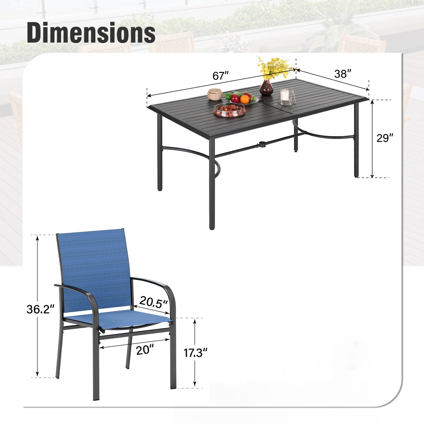 Captiva Designs 7 件套露台餐厅矩形钢桌，带 C 形十字支架和蓝色吊带固定椅
