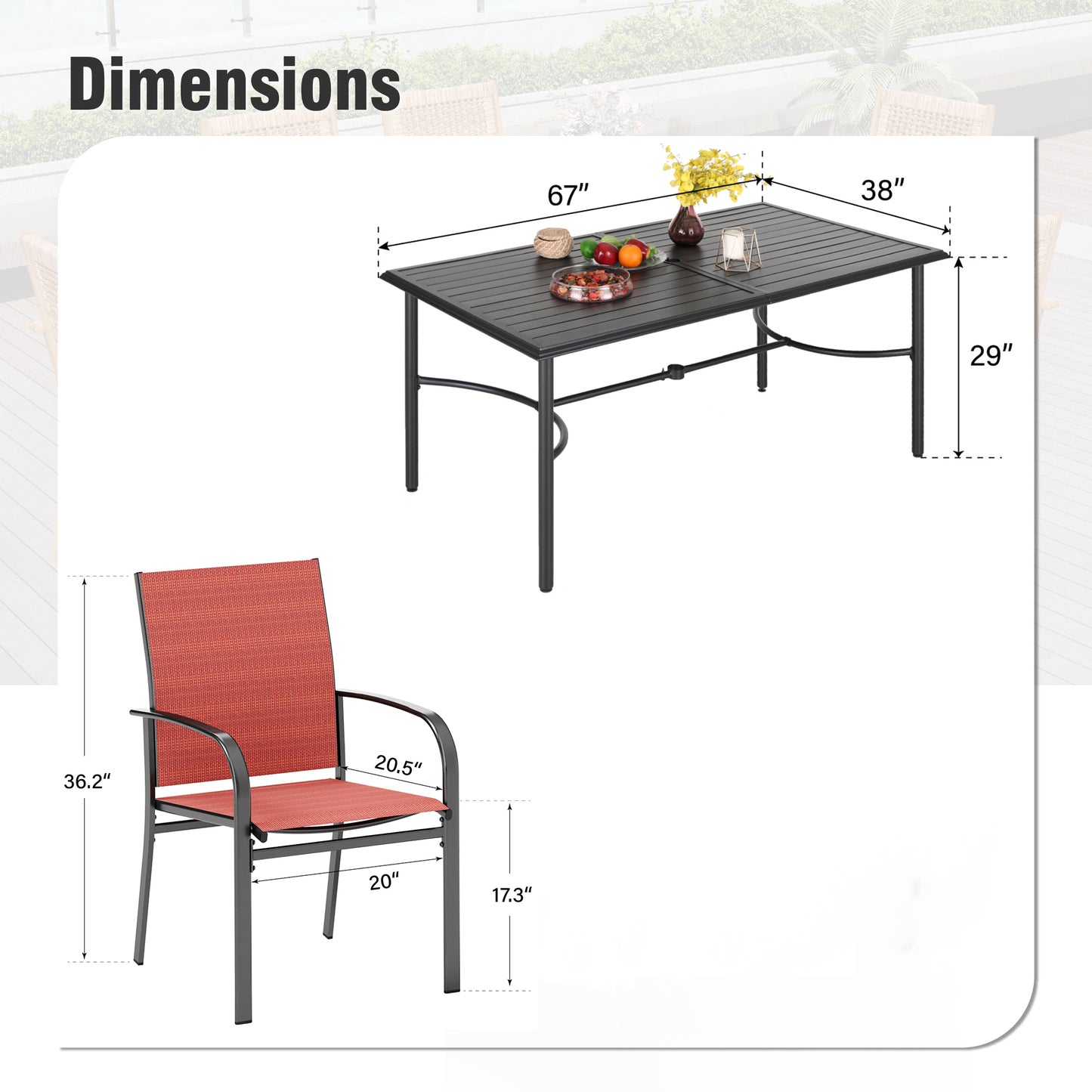 Captiva Designs 7 件套露台餐厅矩形钢桌，带 C 形十字支架和蓝色吊带固定椅