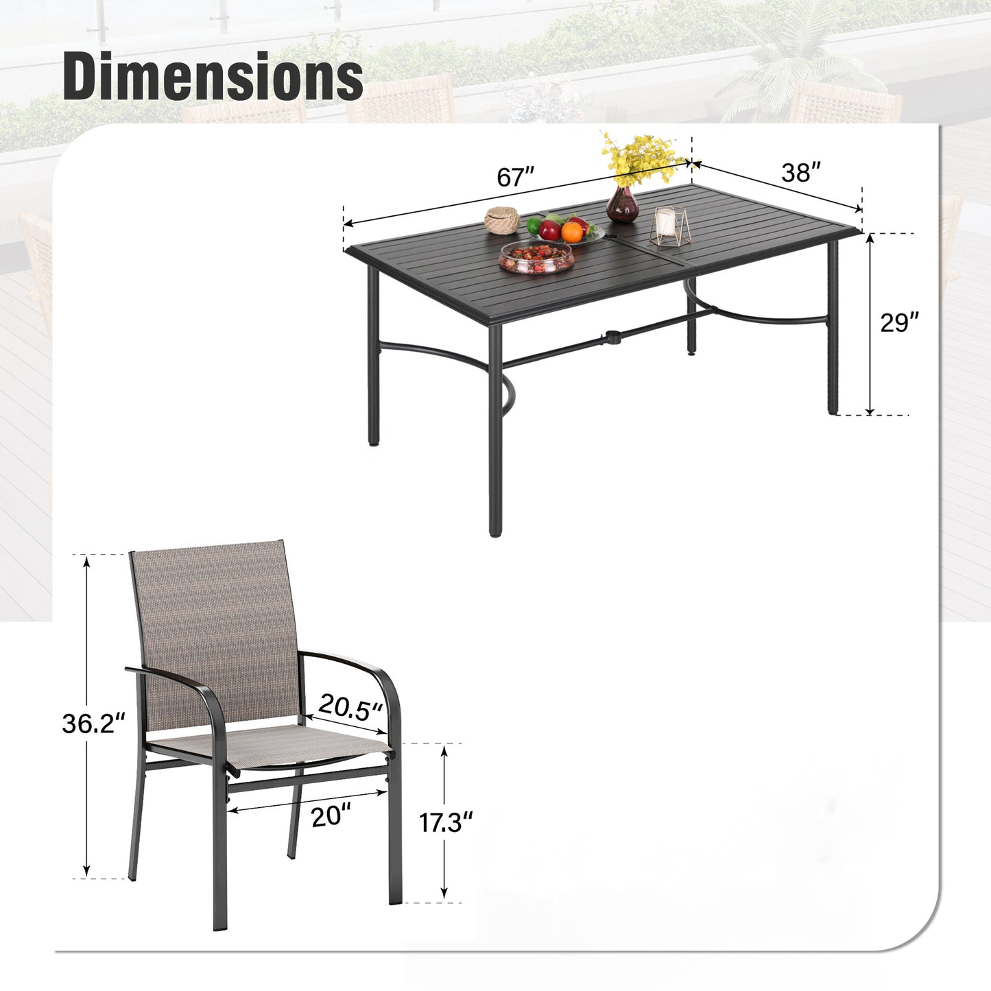 Captiva Designs 7 件套露台餐厅矩形钢桌，带 C 形十字支架和蓝色吊带固定椅