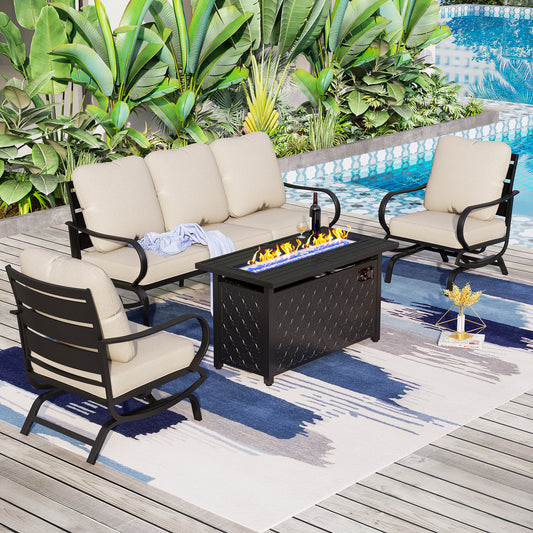 Captiva Designs 4pc Metal Patio seating Furniture Fire Pit Set with Rocking Chairs for Garden Porch Backyard