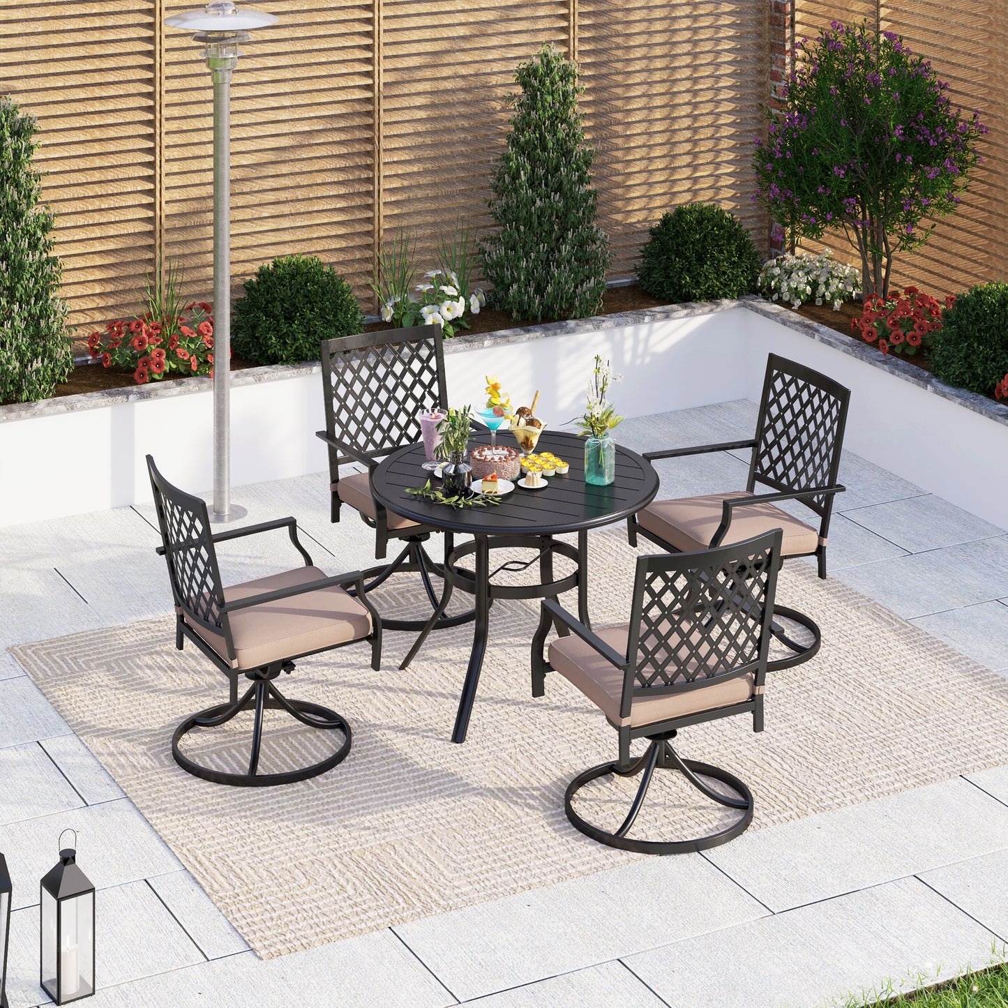 Captiva Designs 5pc Outdoor Steel Slat-top Round Dining Table & Metal Chairs with Stylish Back