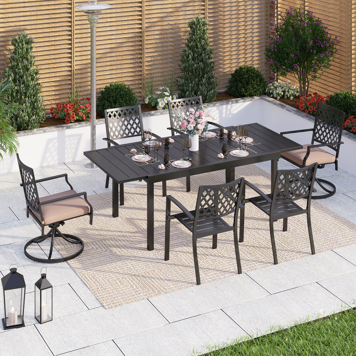 Captiva Designs 7pc Patio Dining Slat-top Expandable Rectangle Steel Table & Stylish Back Metal Chairs