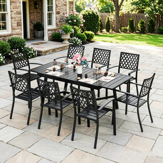 Captiva Designs 9pc Patio Dining Set with Slat-top Adjustable Steel Rectangle Table & Steel Chairs