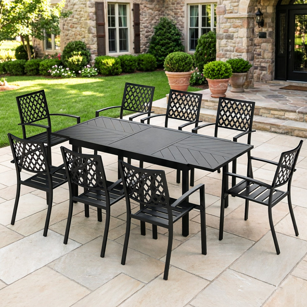 Captiva Designs 6pc Patio Steel Dining Table & Brown Rattan Chairs with Beige Cushion & Market Umbrella