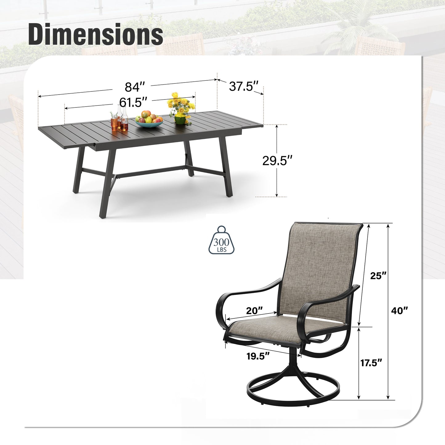 Captiva Designs 9 件套露台餐厅几何图案可伸缩钢制长方形桌子和 Textilene 旋转椅
