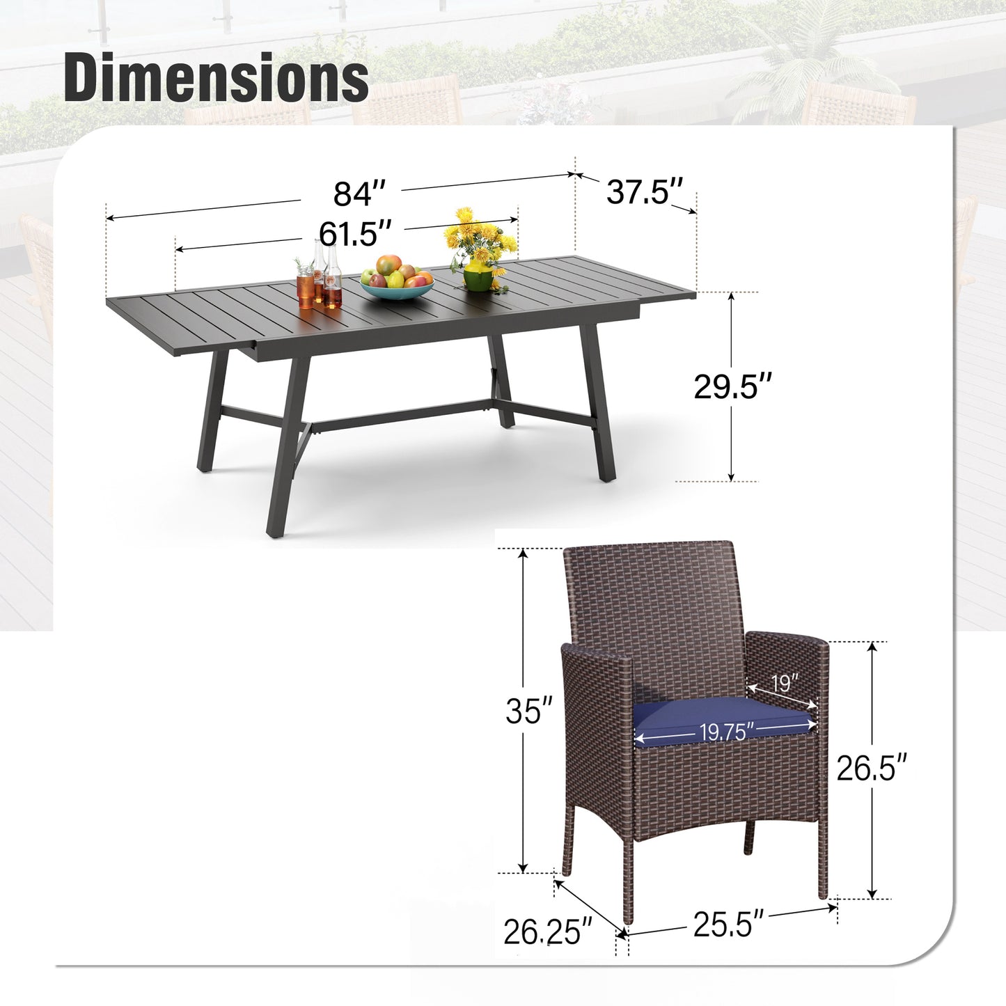 Captiva Designs 7pc Patio Slat-top Expandable Metal Dining Table & Armrest Wicker Chairs with Cushions
