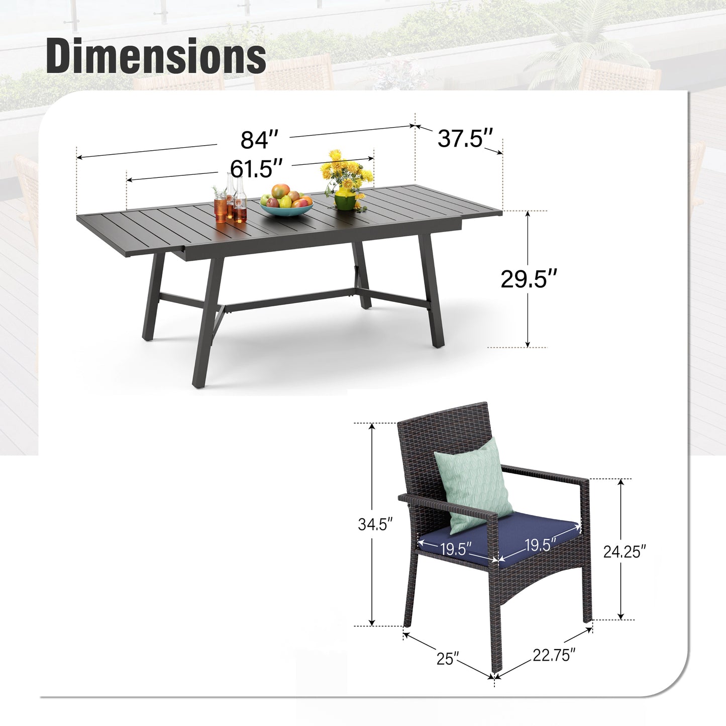 Captiva Designs 7pc Patio Slat-top Expandable Metal Dining Table & Armrest Wicker Chairs with Cushions