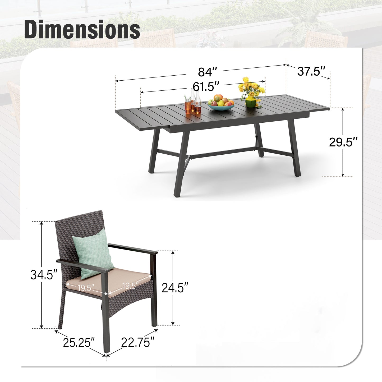 Captiva Designs 9 件套宽敞方形金属板顶桌，带伞孔和经典靠背旋转钢椅