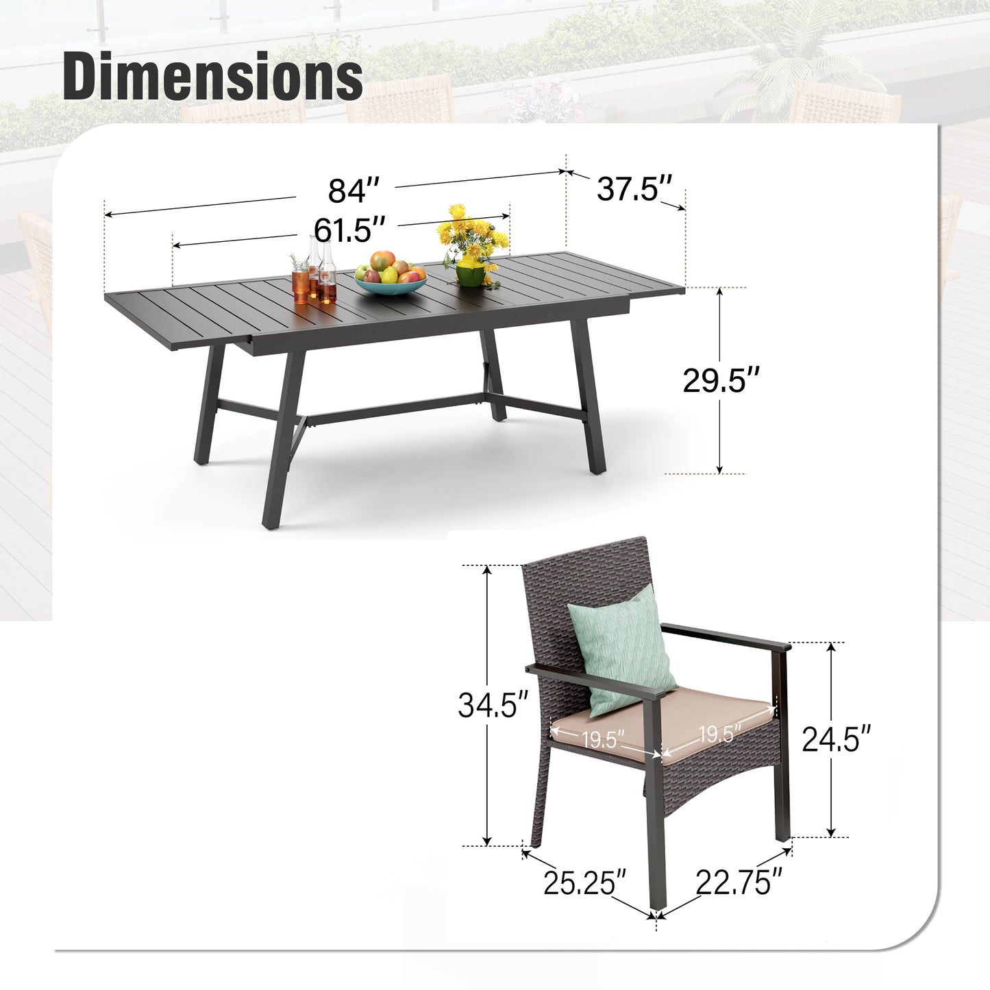 Captiva Designs 7pc Patio Slat-top Expandable Metal Dining Table & Armrest Wicker Chairs with Cushions