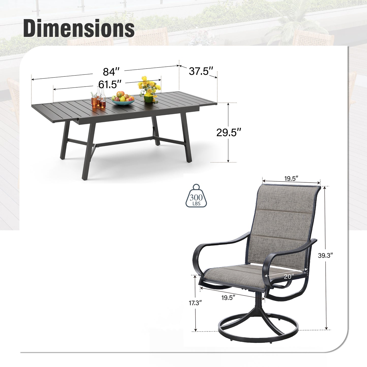 Captiva Designs 9 件套露台餐厅几何图案可伸缩钢制长方形桌子和 Textilene 旋转椅
