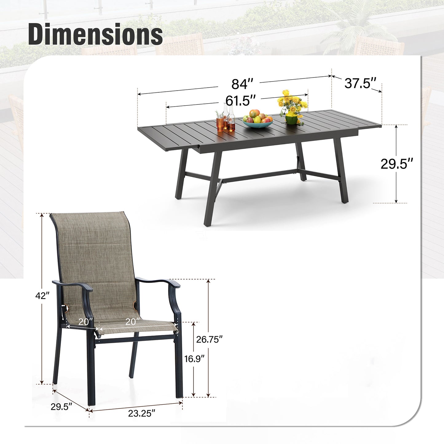 Captiva Designs 9 件套庭院几何图案可伸缩钢制矩形桌和软垫吊带固定椅和旋转椅