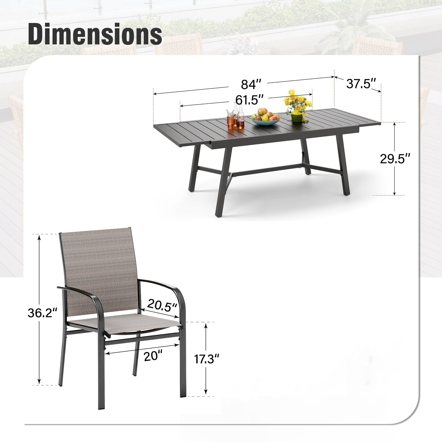 Captiva Designs 9 件套宽敞板顶矩形金属桌，带伞孔和棕色 Textilene 椅子