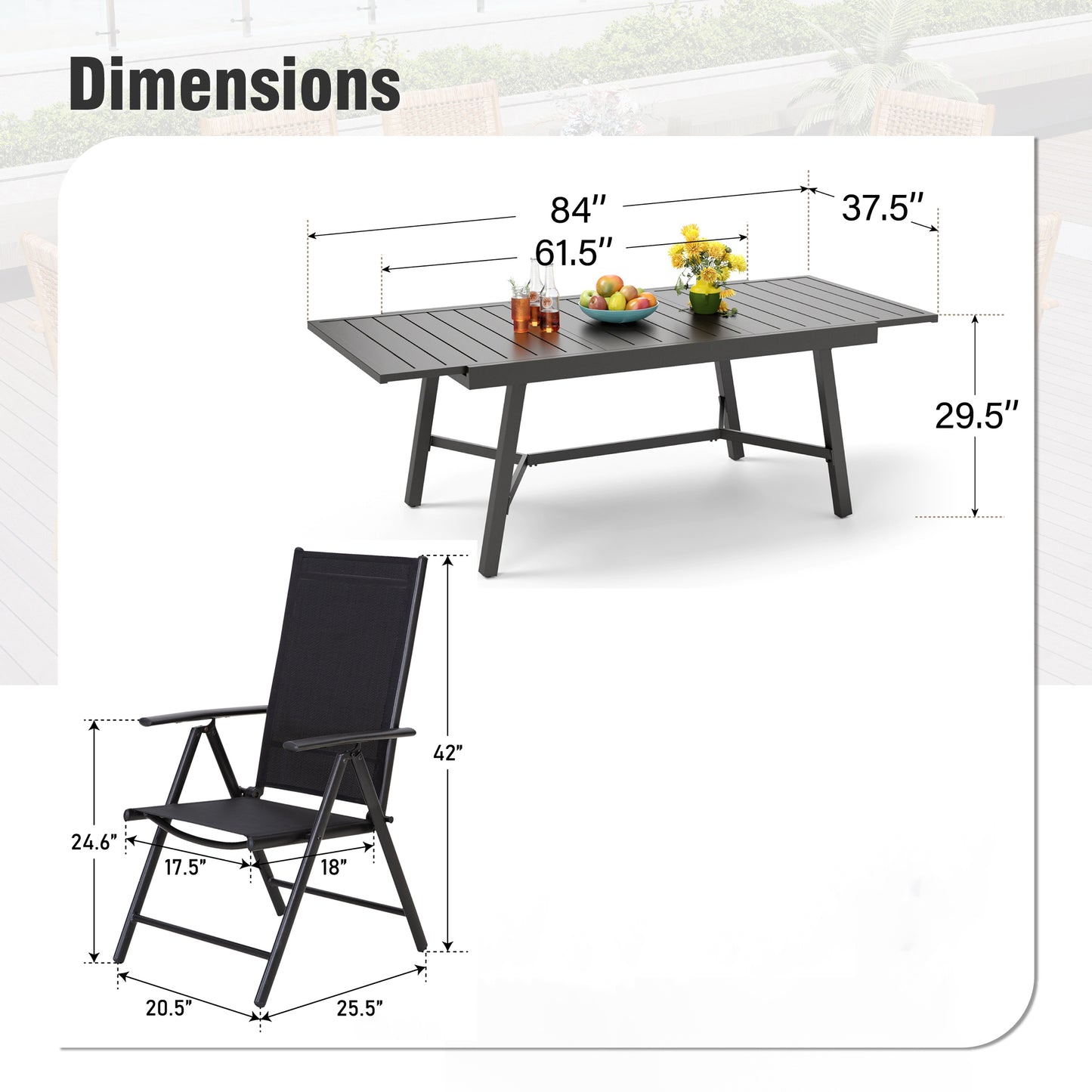 Captiva Designs 7 件套露台餐桌椅套装，配有带顶板的矩形桌子和灰色吊带折叠椅