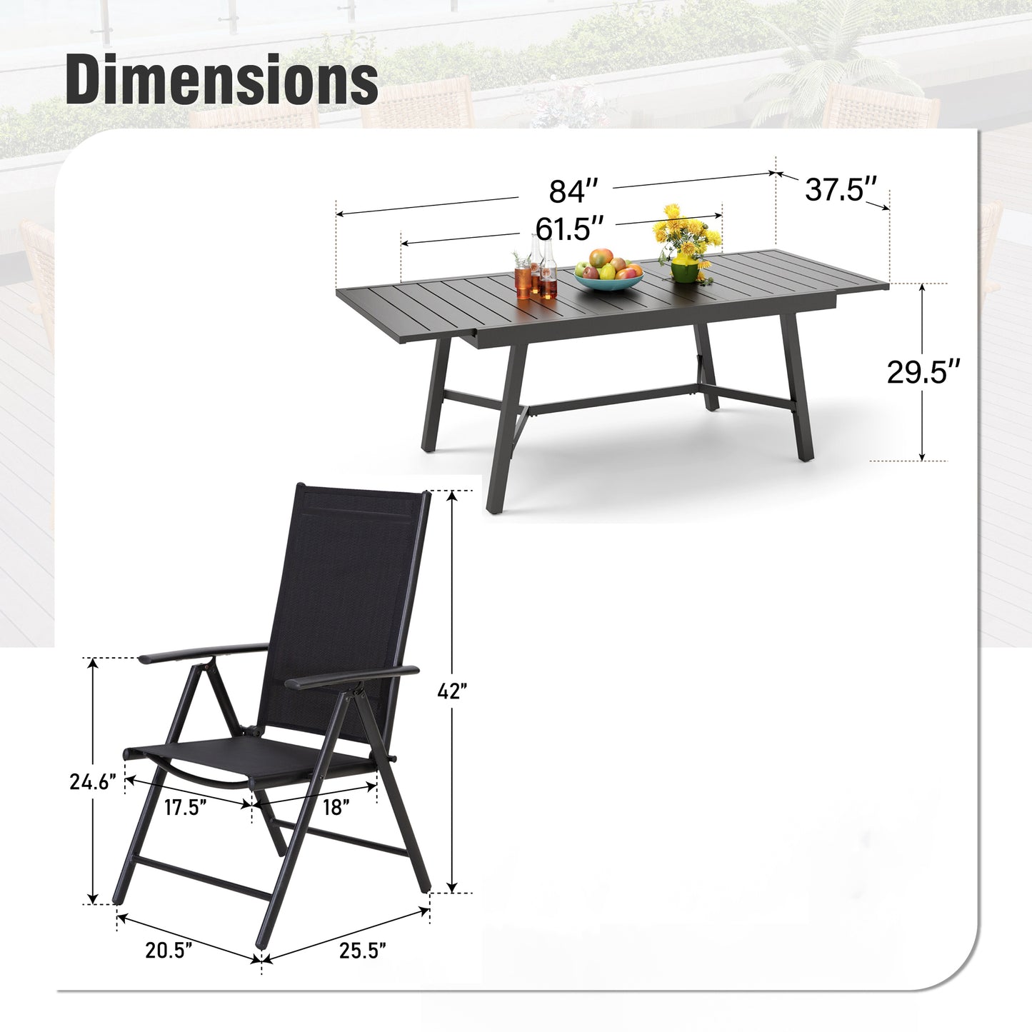 Captiva Designs 9 件套露台板顶可调节钢制矩形桌和黑色 Textilene 可躺折叠椅