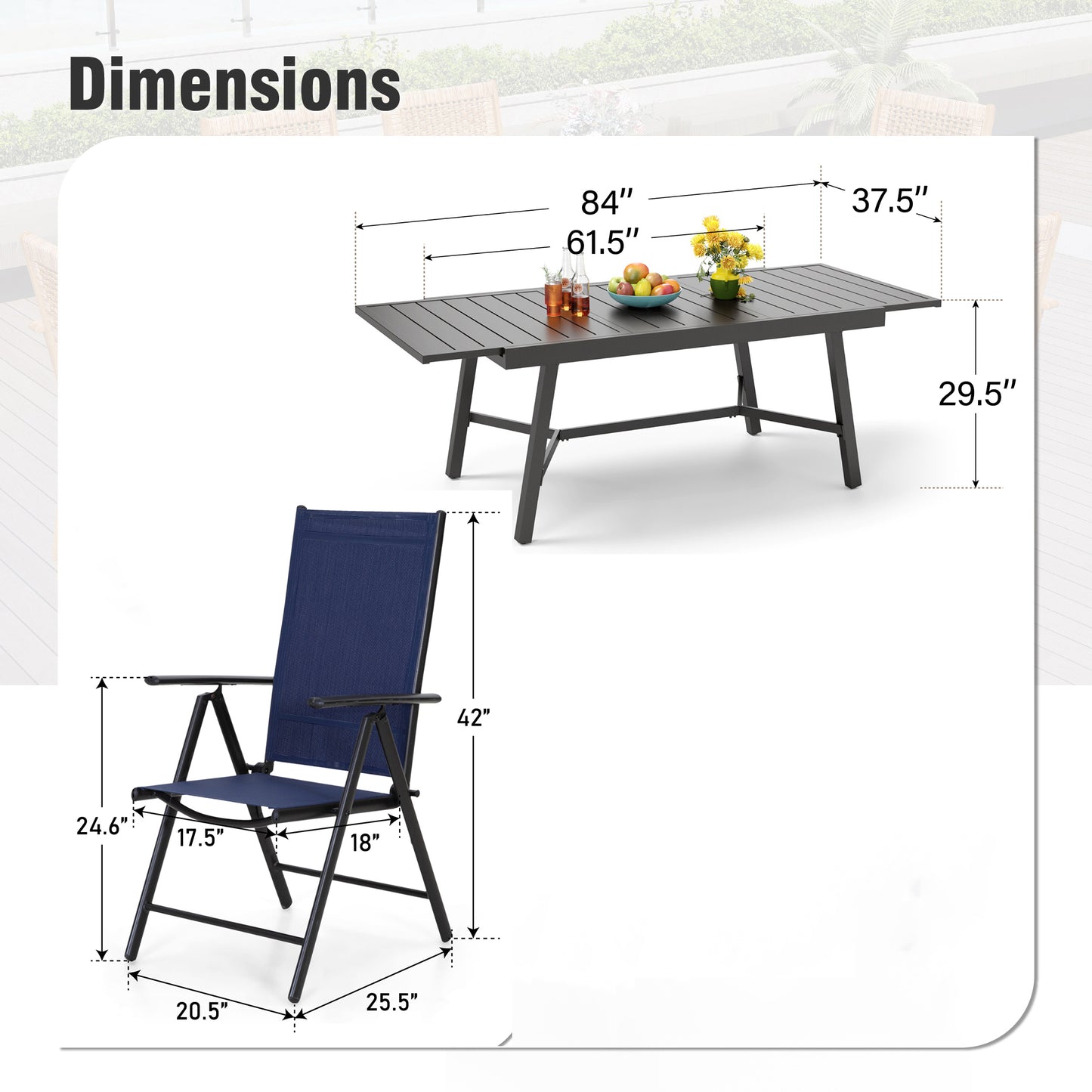 Captiva Designs 9 件套露台板顶可调节钢制矩形桌和黑色 Textilene 可躺折叠椅