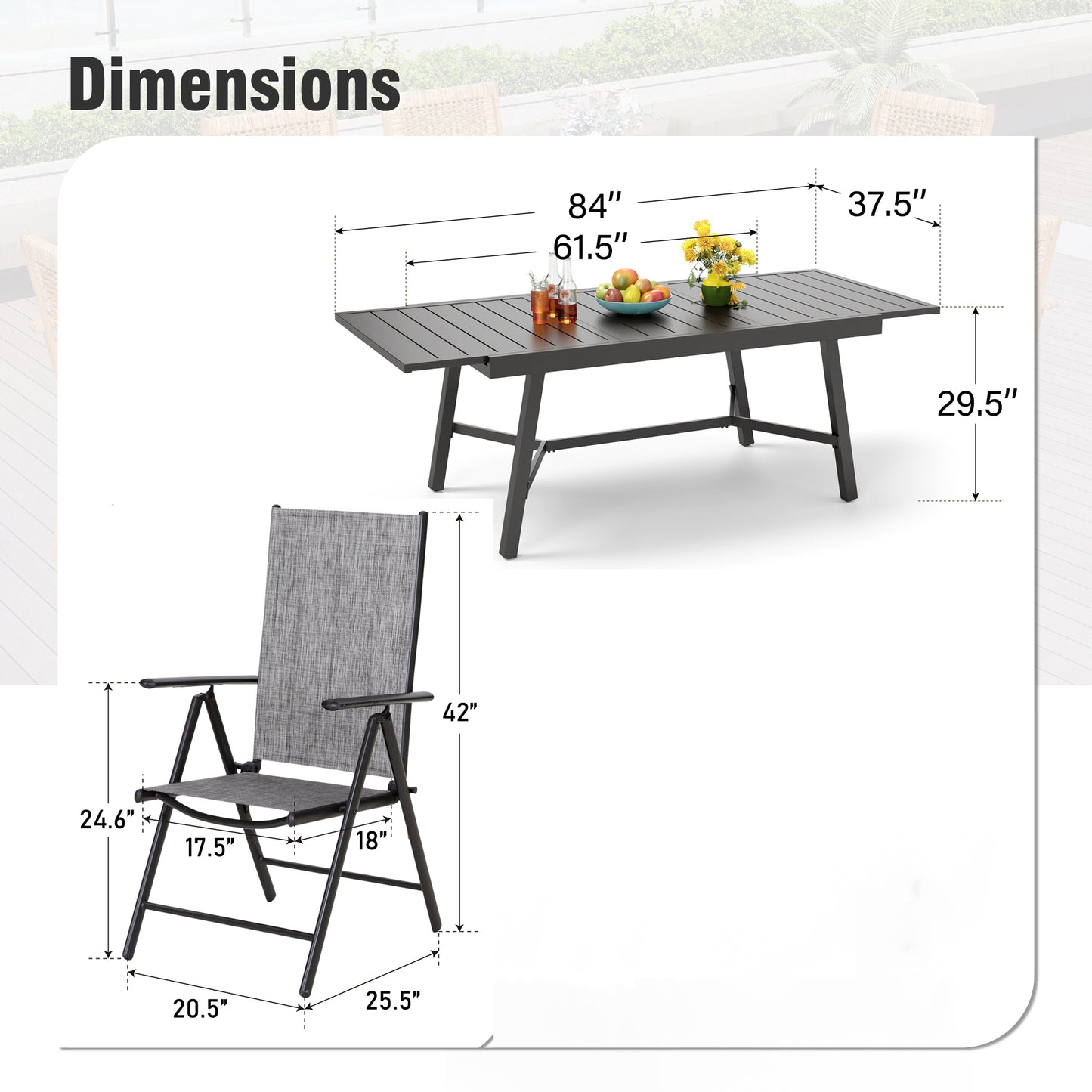 Captiva Designs 9 件套露台板顶可调节钢制矩形桌和黑色 Textilene 可躺折叠椅