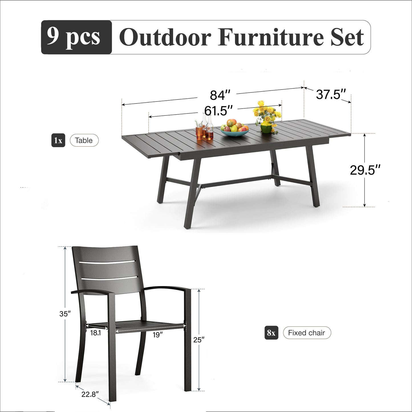 Captiva Designs 9pc Patio Slat-top Metal Dining Table & Metal Chairs with Stripe Back