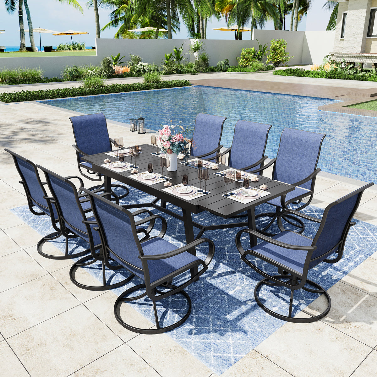Captiva Designs 9pc Patio Dining Extendable Black Steel Rectangle Table & Textilene Swivel Chairs