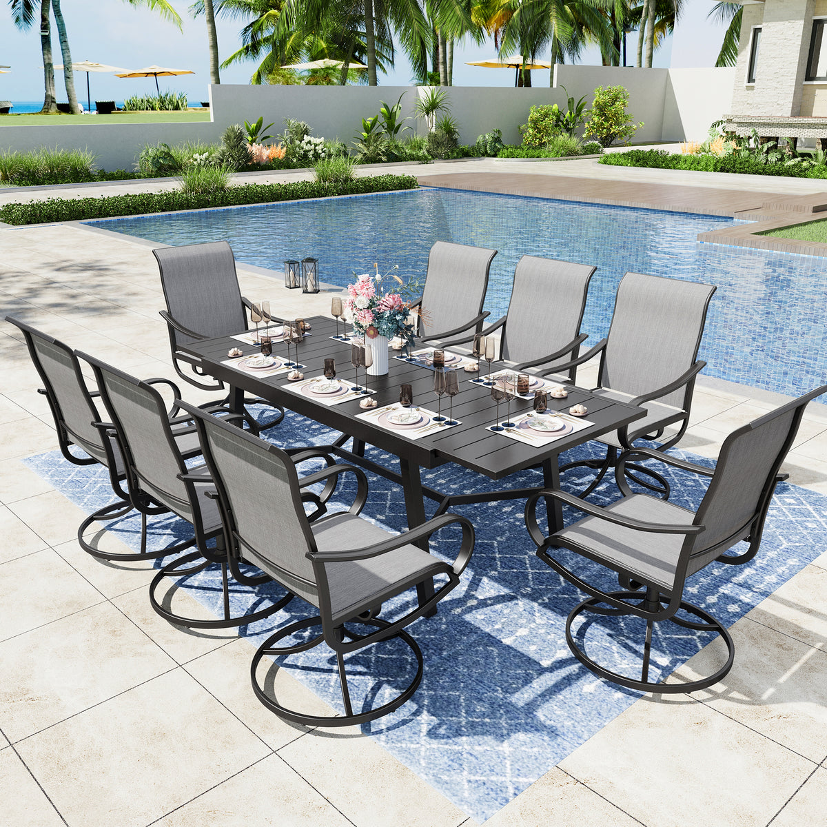 Captiva Designs 9pc Patio Dining Extendable Black Steel Rectangle Table & Textilene Swivel Chairs