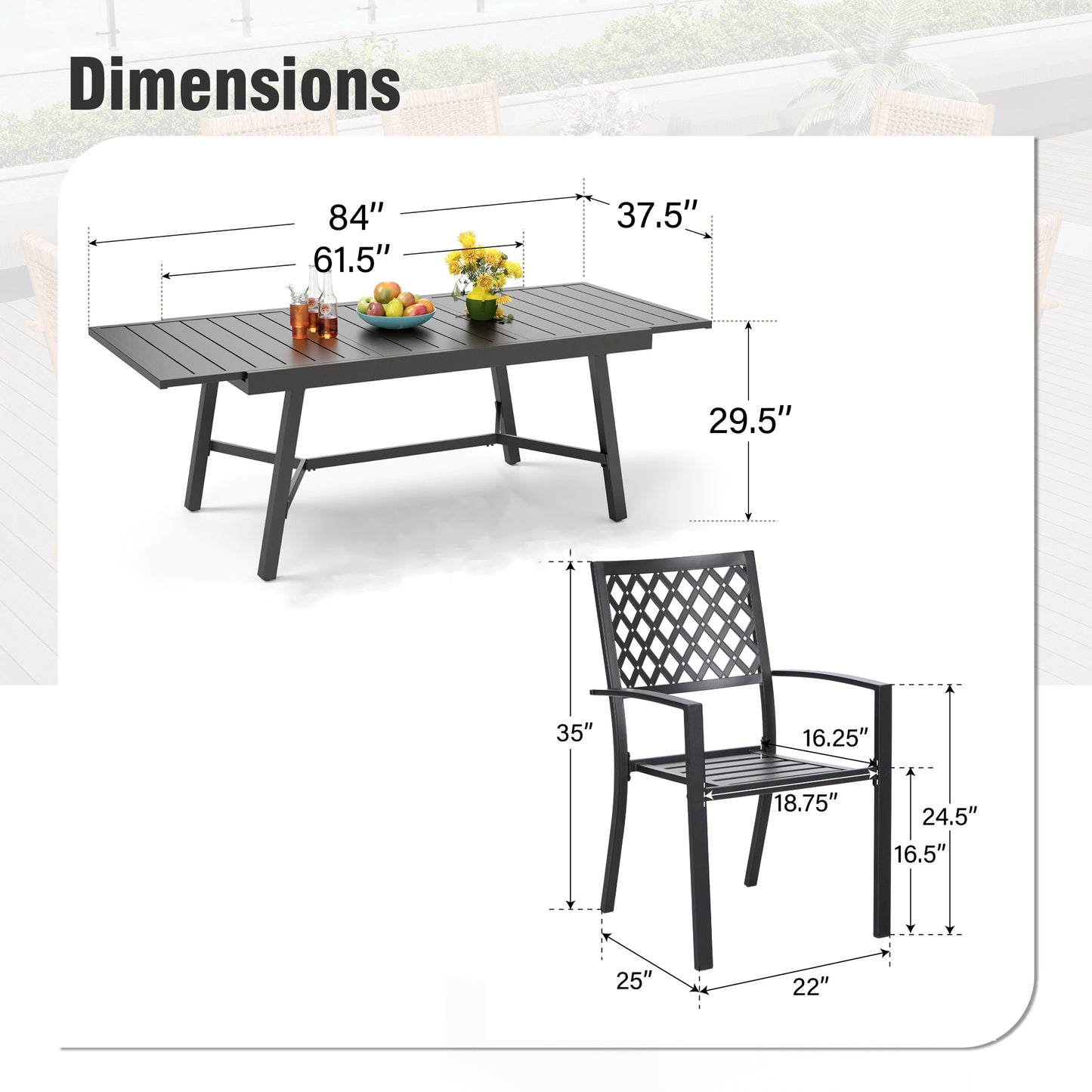 Captiva Designs 7pc Outdoor Expandable Rectangle Dining Table & Metal Armrest Chairs