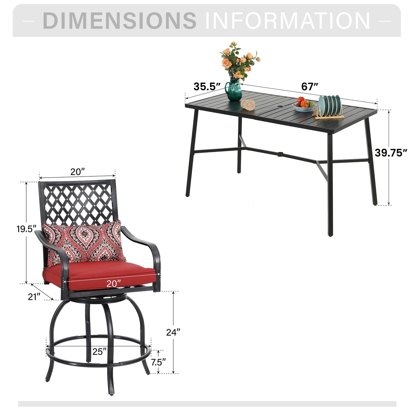Captiva Designs 7pc Outdoor Patio Slatted Top Rectangle Metal Bar Table & Steel Swivel Bar Stools