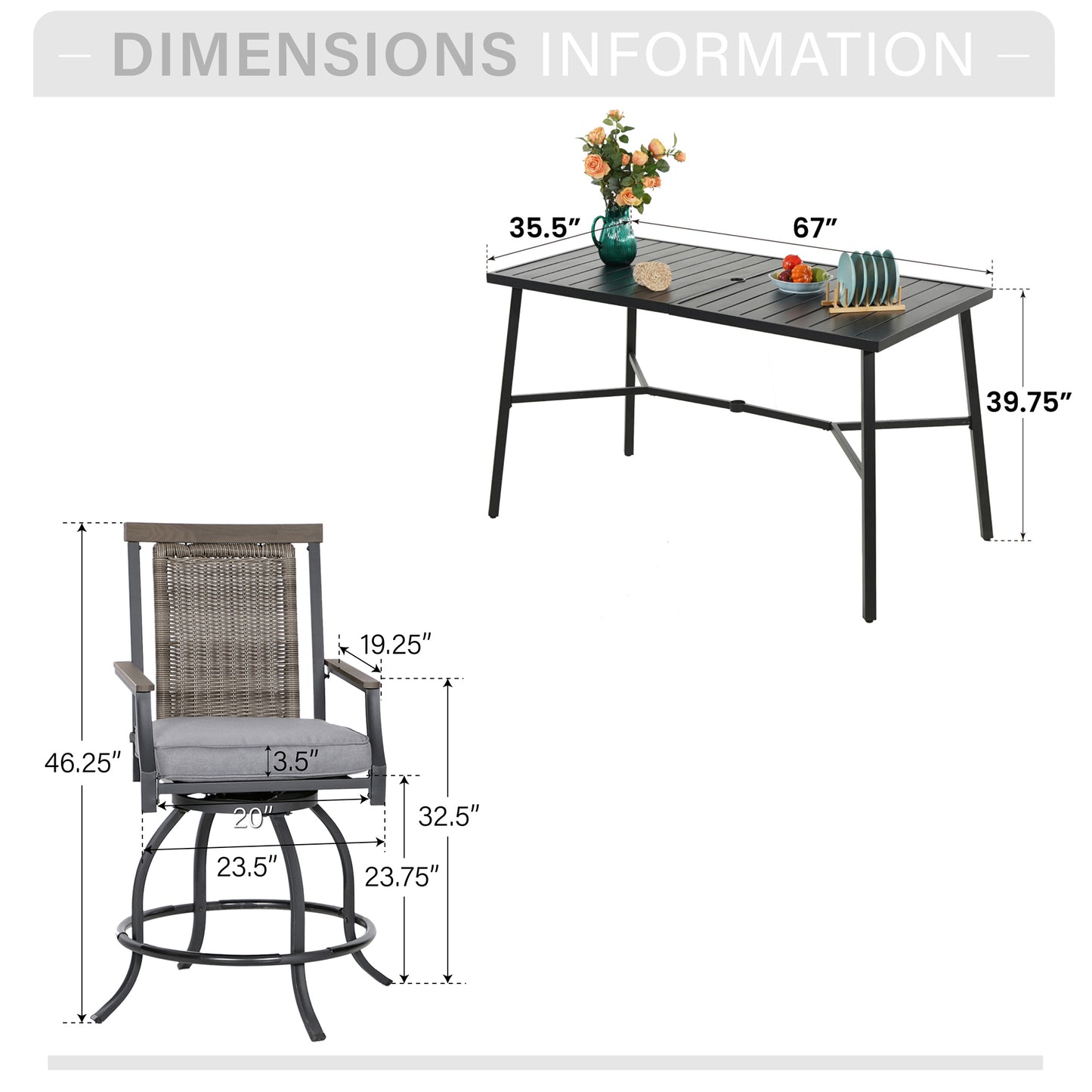 Captiva Designs 7pc Outdoor Patio Slatted Top Rectangle Metal Bar Table & Steel Swivel Bar Stools