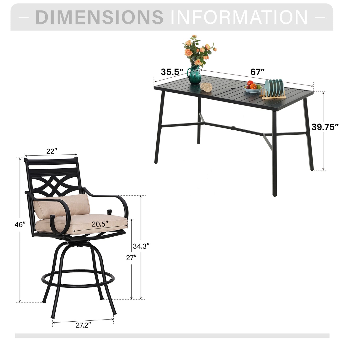 Captiva Designs 7pc Outdoor Patio Slatted Top Rectangle Metal Bar Table & Steel Swivel Bar Stools