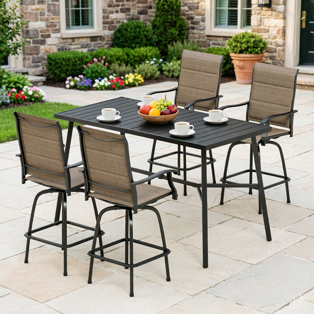 Captiva Designs 5pc Outdoor Patio Slatted Top Rectangle Metal Bar Table & Sling Swivel Bar Stools