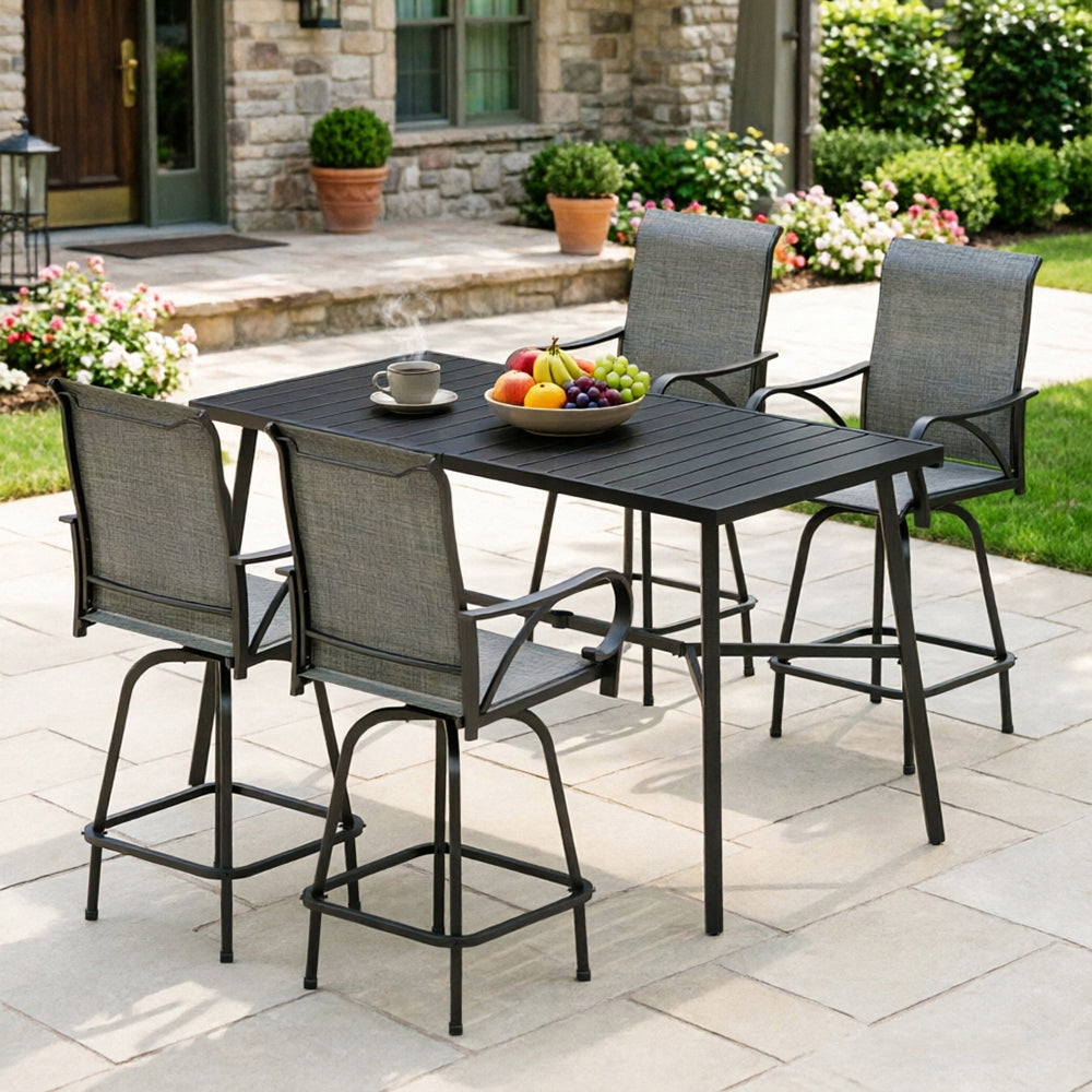 Captiva Designs 5pc Outdoor Patio Slatted Top Rectangle Metal Bar Table & Sling Swivel Bar Stools