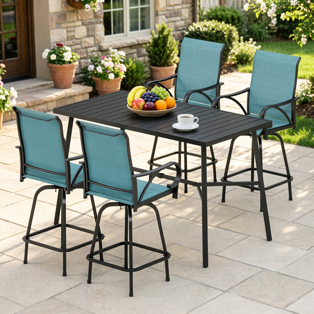 Captiva Designs 5pc Outdoor Patio Slatted Top Rectangle Metal Bar Table & Sling Swivel Bar Stools