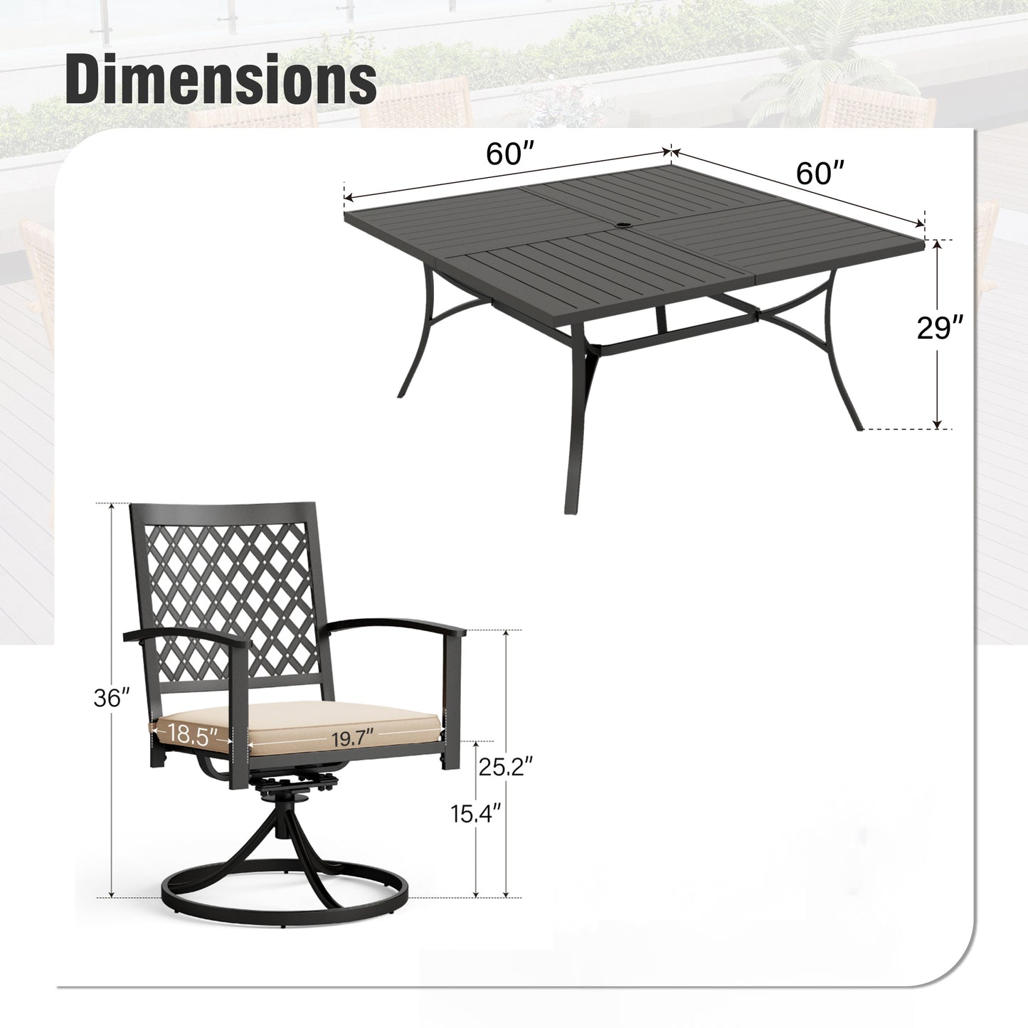 Captiva Designs 9 件套宽敞方形金属板顶桌，带伞孔和带网状靠背的旋转钢椅