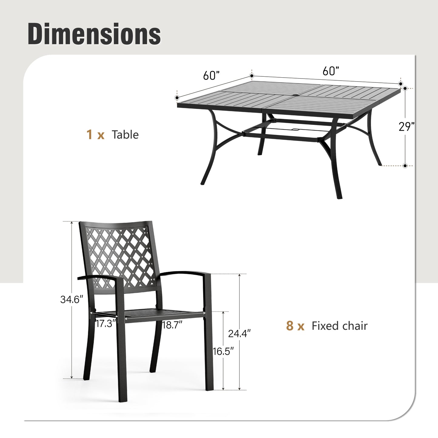 Captiva Designs 9 件套宽敞方形金属板顶桌，带伞孔和金属可叠放椅子，带剥离式靠背