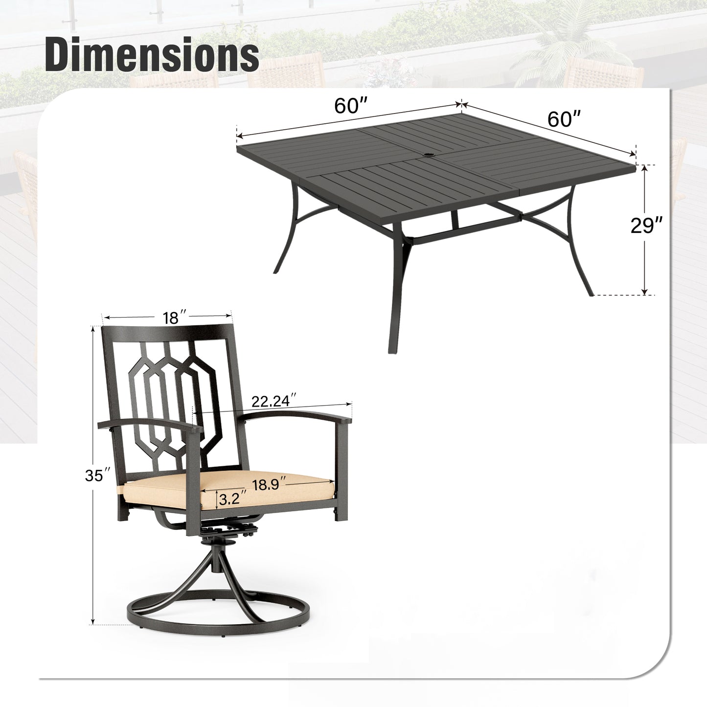 Captiva Designs 9 件套宽敞方形金属板顶桌，带伞孔和带网状靠背的旋转钢椅