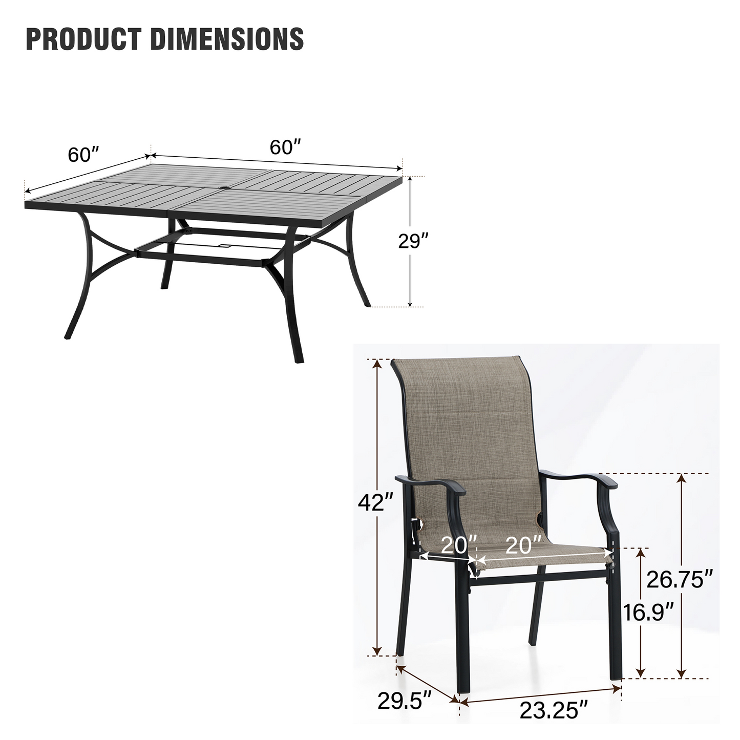 Captiva Designs 9pc Patio Spacious Black Steel Dining Table & High Back Padded Grayish Brown Sling Armrest Chairs