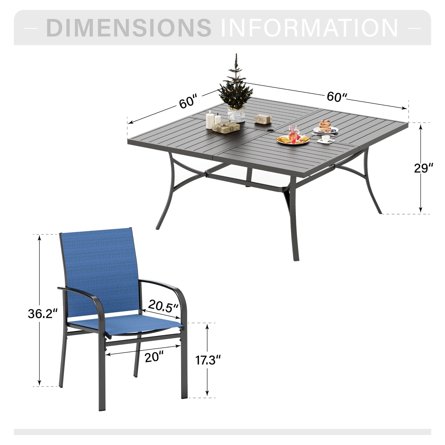 Captiva Designs 9pc Spacious Slat-top Square Metal Table with Umbrella Hole & Sling Fixed Dining Chairs