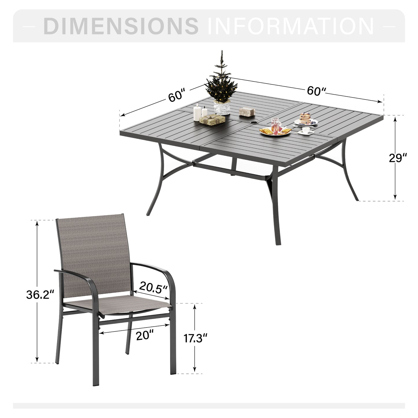 Captiva Designs 9pc Spacious Slat-top Square Metal Table with Umbrella Hole & Sling Fixed Dining Chairs