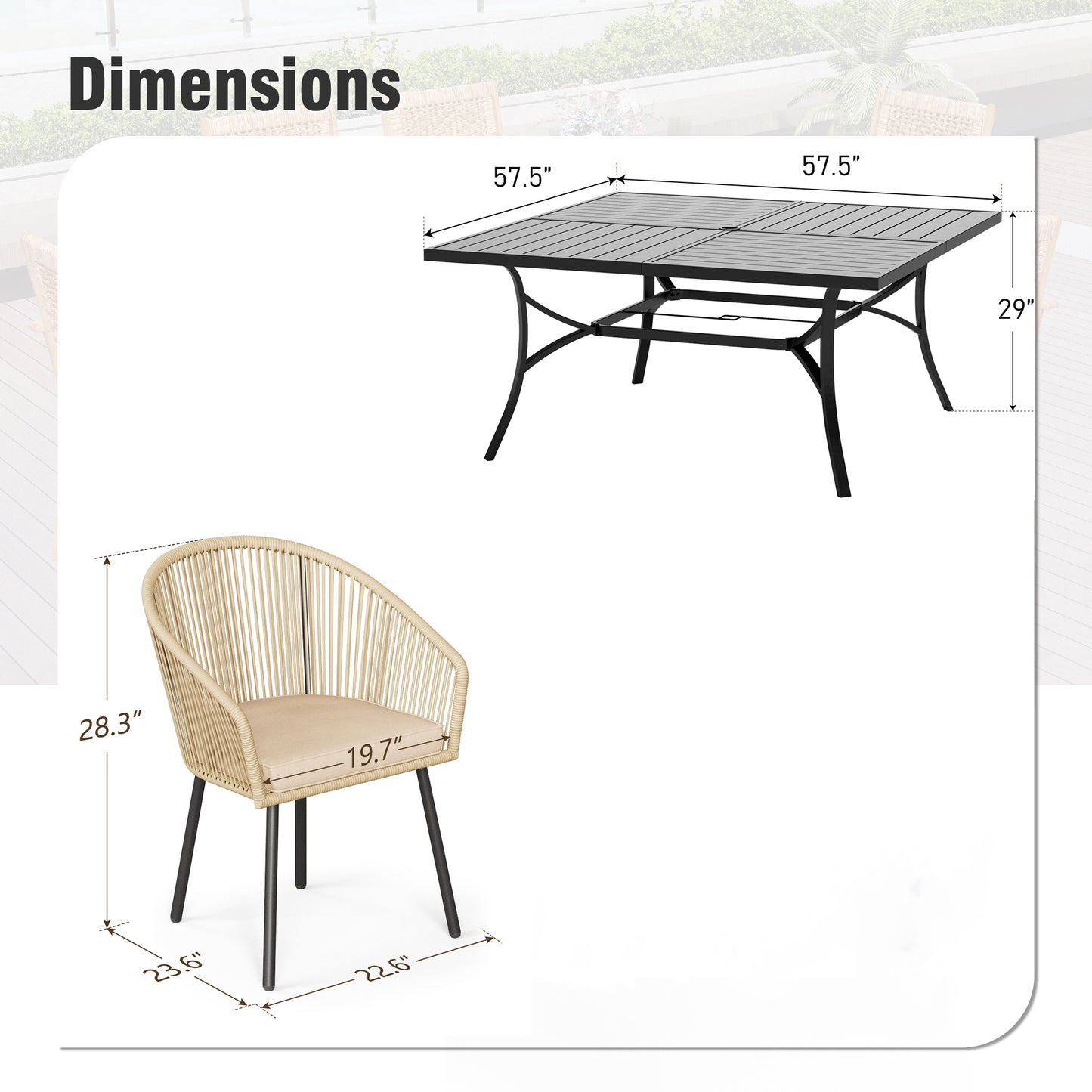 Captiva Designs 9pc Patio Dining Table with  Umbrella Hole & Woven Pull Cord Back with Seat Cushion