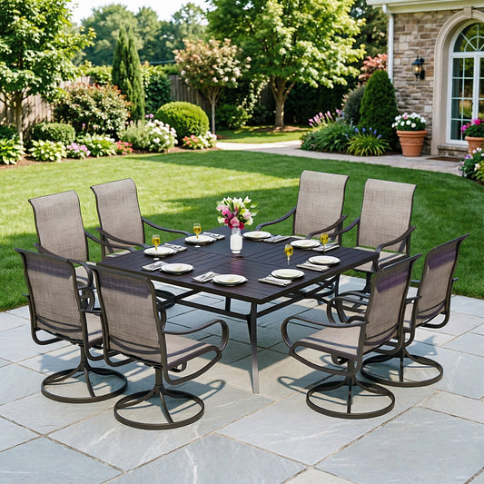 Captiva Designs 9pc Spacious Slat-top Square Metal Table with Umbrella Hole & Textilene Swivel Chairs