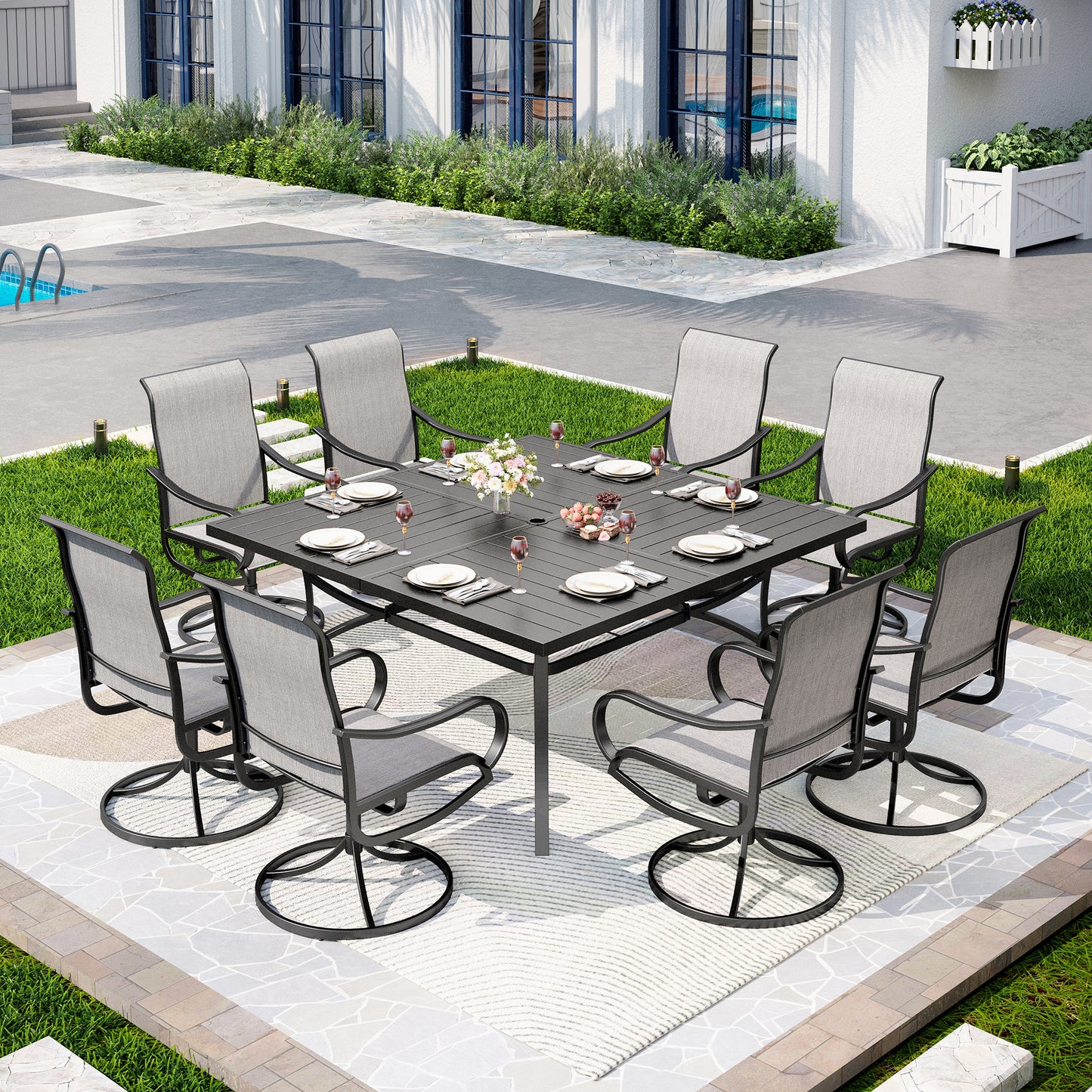 Captiva Designs 9 件套宽敞方形金属板顶桌，带伞孔和 Textilene 旋转椅