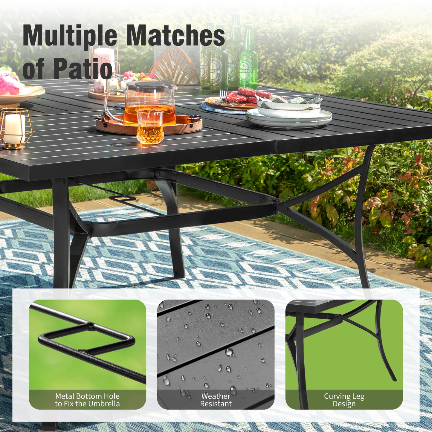 Captiva Designs 9pc Patio Dining Set with Spacious Slat-top Square Metal Table & Beige Rattan Chairs